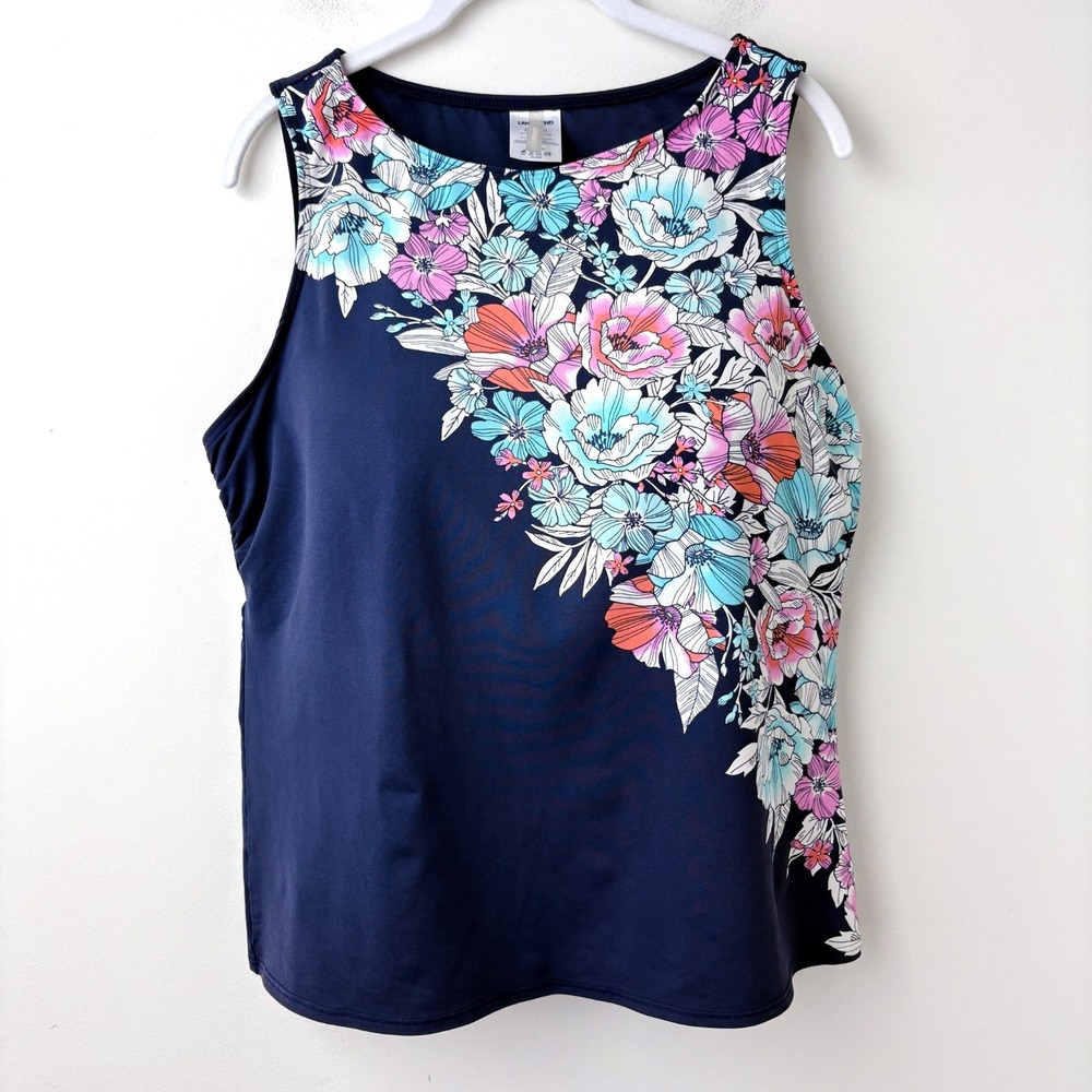 Lands End High Neck Tankini Top 16DD Navy Blue Floral Swim Modest Built-in Bra